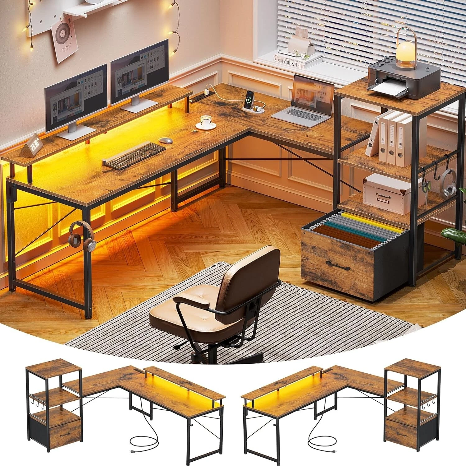 L Shaped Gaming Desk with LED Lights Home Office D